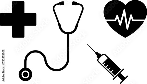 Medical symbols including a stethoscope, cross, heart rhythm, and syringe are arranged.