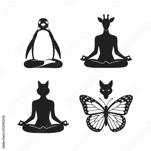 Vector art of four black animal yoga poses silhouette