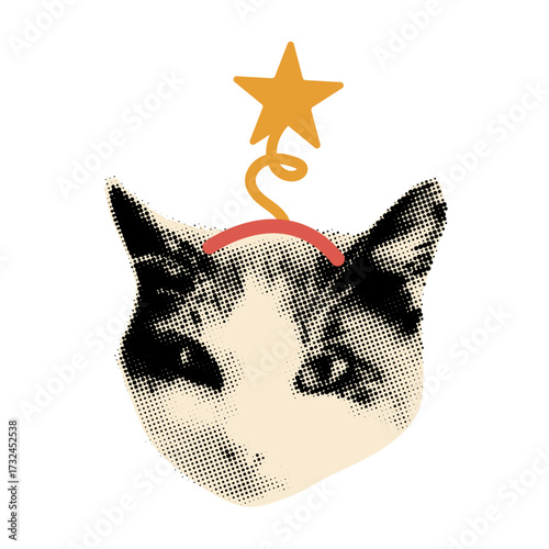 Christmas trendy art collage clipart. Funny halftone cut out cat head with star headband. Vintage dotted sticker, Modern retro grunge mixed media vector illustration on transparent background