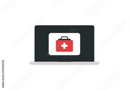 Online healthcare concept with first aid kit on laptop screen providing digital telehealth support
