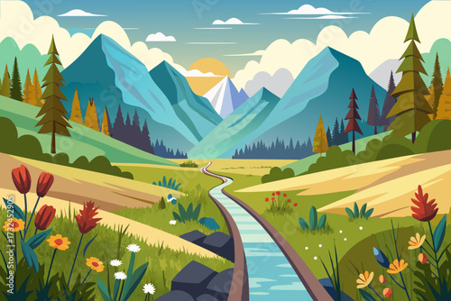 Vibrant, stylized mountain valley landscape with winding river and colorful wildflowers under a bright sun and dramatic clouds