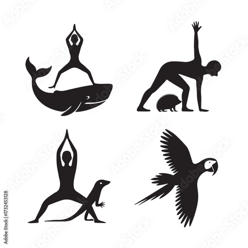 Vector art of set of four black animal yoga poses silhouette