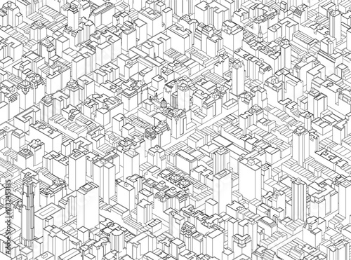 Black and white contour drawing of a maze-like cityscape with densely packed buildings. The intricate arrangement creates a powerful sense of depth and dimension, evoking the energy of a bustling.