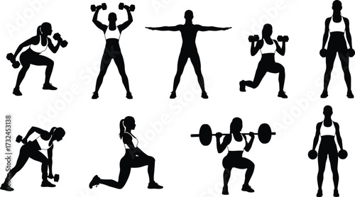 Silhouette fitness women workout with dumbbells and barbell, strength training poses, exercise routine, gym workout, bodybuilding, healthy lifestyle fitness motivation