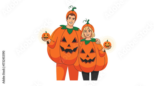 Pumpkin-Themed Halloween Fun: A lively depiction of a couple, embraced in jovial and imaginative pumpkin costumes, fully immersed in the spirited traditions of Halloween.