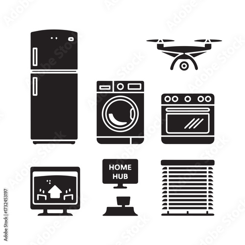 Vector art of set of modern smart home appliance icons including refrigerator, washing machine, oven, tv, hub and blinds