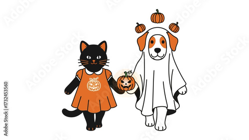 Halloween Besties: A whimsical illustration depicting a black cat and a dog dressed in Halloween costumes, joyfully embracing the spirit of trick-or-treating with playful imagery.