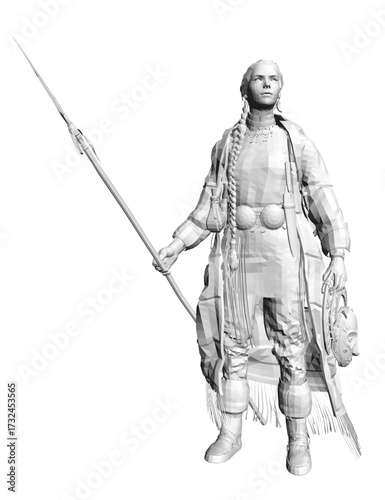 A determined Native American woman stands proudly in traditional clothing, holding a spear with a focused gaze into the distance.