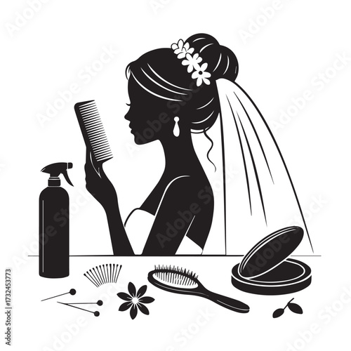Vector art of silhouette of a bride styling her hair with a comb, hairspray, clips, and brushes, with a veil and makeup compact