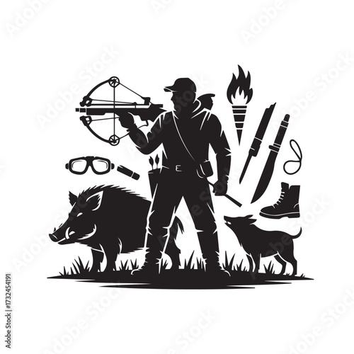 Vector art of silhouette of a hunter with a crossbow, dog, and wild boar, surrounded by hunting equipment and tools