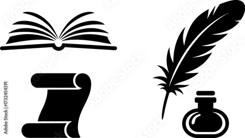 An open book, a scroll, a quill, and an inkwell symbolize writing and knowledge.