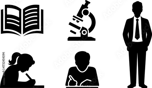 Icons representing education, science, and a teacher or student figure.