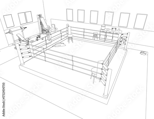 A boxing ring contour drawing on white background features black outlines and scattered gym equipment for training.