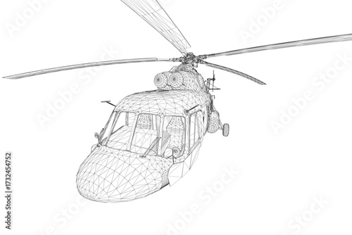 Wireframe helicopter model displays detailed structural framework with transparent surfaces. The 3D rendering highlights rotor blades, cockpit, and landing gear on a clean white background.
