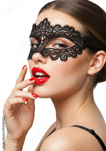 A young woman with flawless skin, bright red glossy lips and a black lace mask, hand with red nails touches face, clean studio, white background, no shadows, concept of elegant high-fashion allure