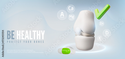 Be healthy protect your bones 3D vector banner, knee joint with green tick check mark, medical prevention tablet drugs
