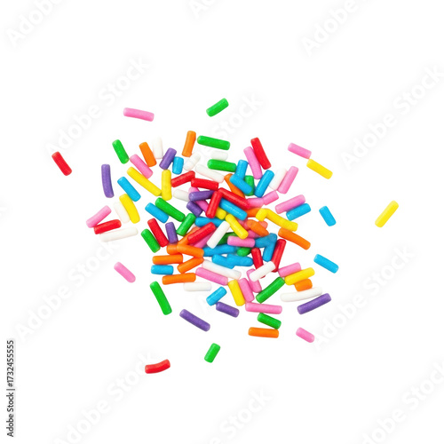 Vibrant assorted confectionery sprinkles scattered on a transparent background, top-down studio shot with bright shadowless light, joyous birthday celebration atmosphere