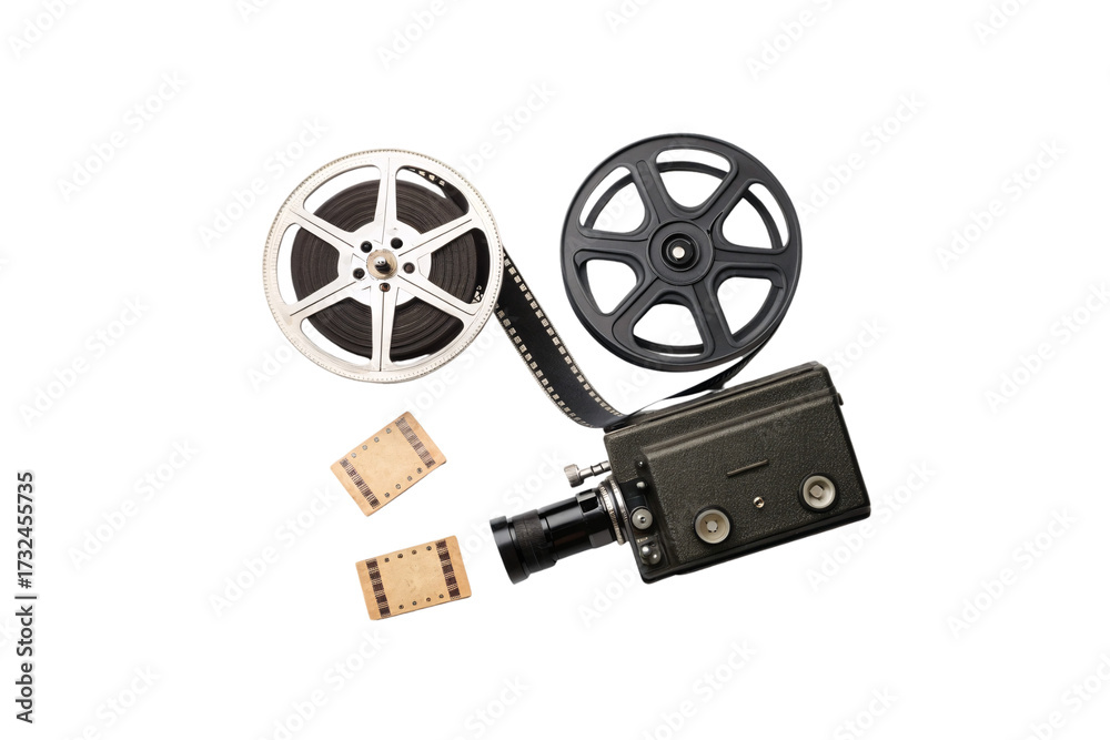 Obraz premium Vintage film camera reels and celluloid strips with tickets retro movie equipment cinema memorabilia, isolated on a transparent background