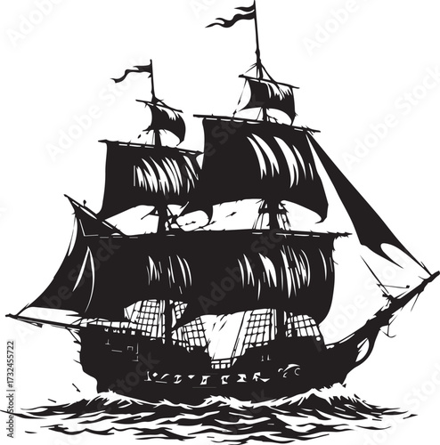 Black and white sailing ship illustration — historic galleon with billowing sails and ocean waves for nautical and adventure themes