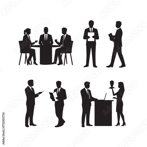 Vector art of silhouette of business people in various meeting and presentation scenarios
