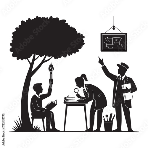Vector art of silhouette of people studying and pointing at a map under a tree, representing education, research, and discovery