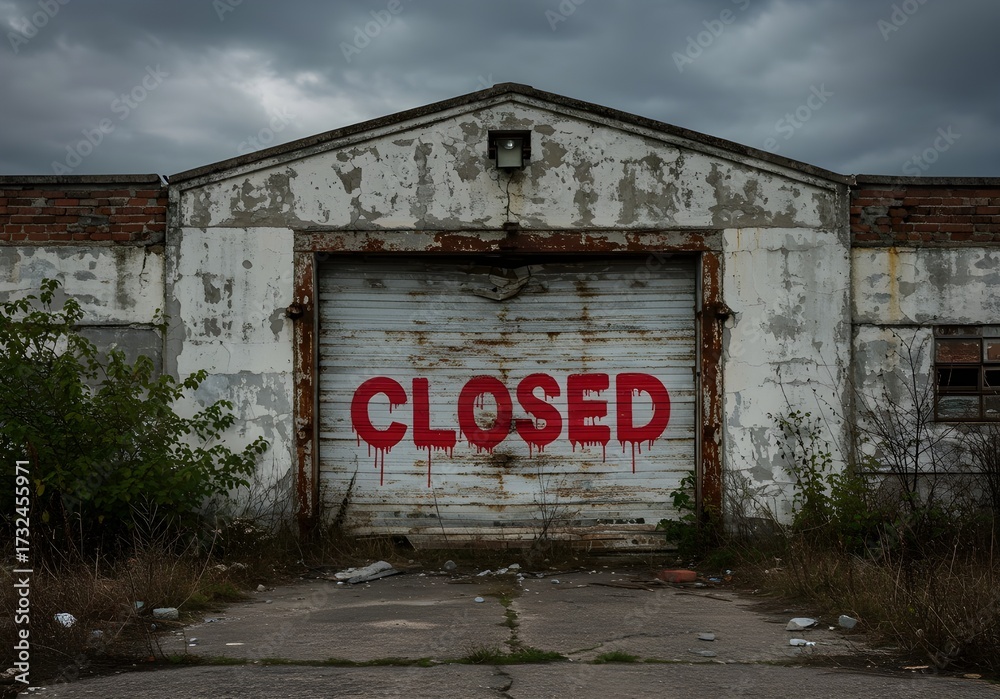 Fototapeta premium CLOSED Graffiti on Weathered Garage Door in Post Industrial Ruins Representing Economic Collapse
