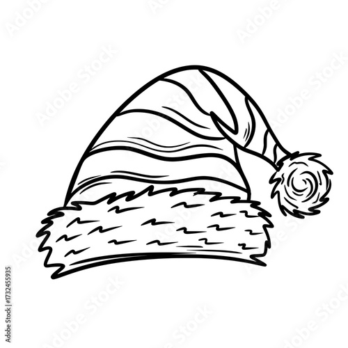Santa Claus Hat Line Art, Christmas Holiday Outline Illustration
