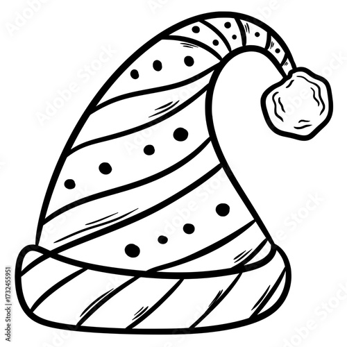Santa Claus Hat Line Art, Christmas Holiday Outline Illustration
