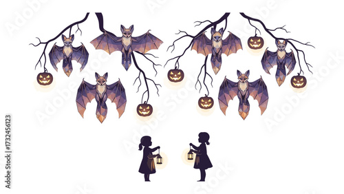 Spooky Halloween Scene: A bewitching Halloween scene unfolds, featuring silhouetted figures and bats amidst pumpkin decorations under a stark night sky. 