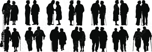 Silhouette illustration of elderly couples walking together, holding hands, with canes, vector design collection, senior people lifestyle, aging concept
