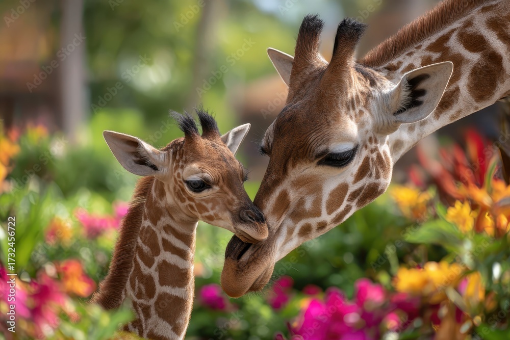 Fototapeta premium Adorable baby giraffe nuzzles its mother in a lush green garden filled with vibrant flowers, showcasing a heartwarming moment of animal love and tender bonding.
