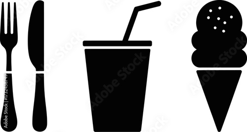 A simple graphic representation of a meal with cutlery, a drink, and ice cream.