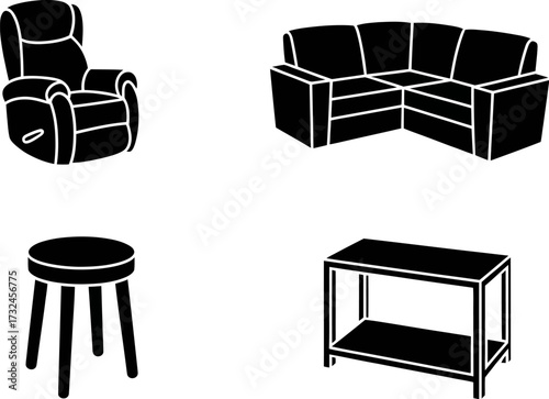 A collection of silhouette furniture items including a recliner, sectional sofa, stool, and table.