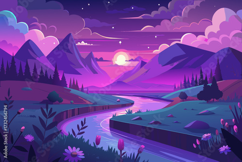Vibrant purple sunset paints majestic mountains and winding river with ethereal glow creating serene natural beauty for tranquil landscapes.