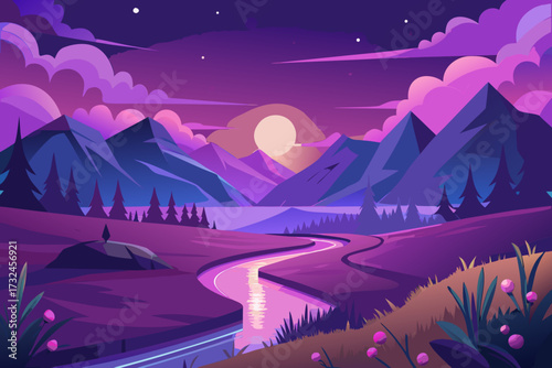 Serene twilight landscape with winding river, majestic mountains, and vibrant purple clouds evokes peacefulness and wonder