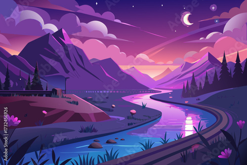 Stunning twilight mountain valley scene with winding river reflecting vibrant purple and pink sky, serene natural beauty for commercial use.