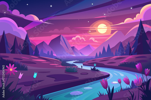 Vibrant sunset paints majestic mountains and winding river with dreamlike purple and pink hues, creating a serene, magical landscape scene.