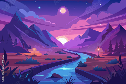 Dreamy twilight mountain river scene with vibrant purple skies and glowing moon inspires peaceful contemplation and serene journeys.