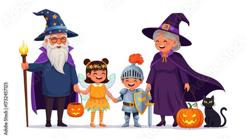 Happy Halloween: Embrace the whimsical charm of Halloween with a festive family portrait. A Wizard, witch, fairy and knight are ready for the spooky season with Halloween treats, pumpkins.