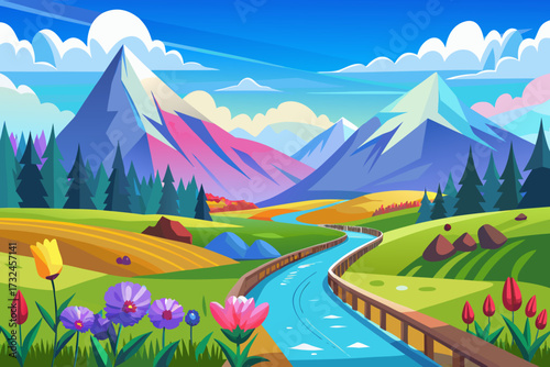 Vibrant springtime landscape unfolds with majestic mountains, winding river, lush fields, and colorful blooming flowers creating an idyllic natural panorama.