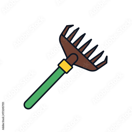 Illustration of a Garden Rake with Brown and Green Handle