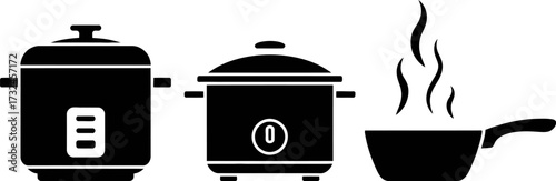 Icons of kitchen appliances including a rice cooker, a pot, and a wok with steam.