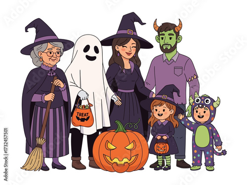 Spooktacular Family Portrait: A charming, whimsical illustration captures a diverse family embracing the Halloween spirit, with delightful costumes and a glowing jack-o'-lantern at the center. 