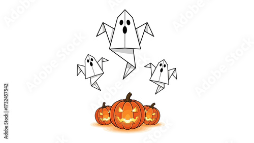 Halloween Origami: An imaginative and festive arrangement for Halloween, showcasing an array of intricately folded paper ghosts hovering above a cluster of illuminated pumpkins.