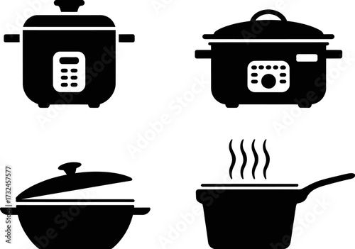 A collection of black and white icons representing kitchen cooking appliances.