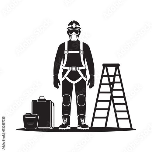 Vector art of worker in protective gear with harness, respirator, and helmet, standing next to a ladder and equipment