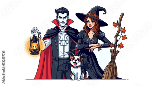 Halloween Delight: A charming illustration captures a spooky yet playful scene featuring a vampire, a witch, and their adorable bat-winged dog, ready for a night of trick-or-treating.