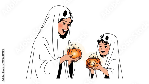 Ghostly Gathering: A mother and child, both in playful ghost costumes, share the Halloween spirit, illuminating jack-o'-lanterns, creating a moment of spooky fun.