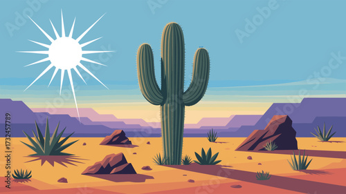 Fotografi Stylized desert landscape with saguaro cactus, sun, mesas, and arid terrain — v