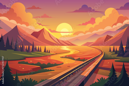 Stunning sunset paints a vast mountain landscape with a winding river and solitary train tracks stretching towards the horizon, evoking adventure and tranquility.
